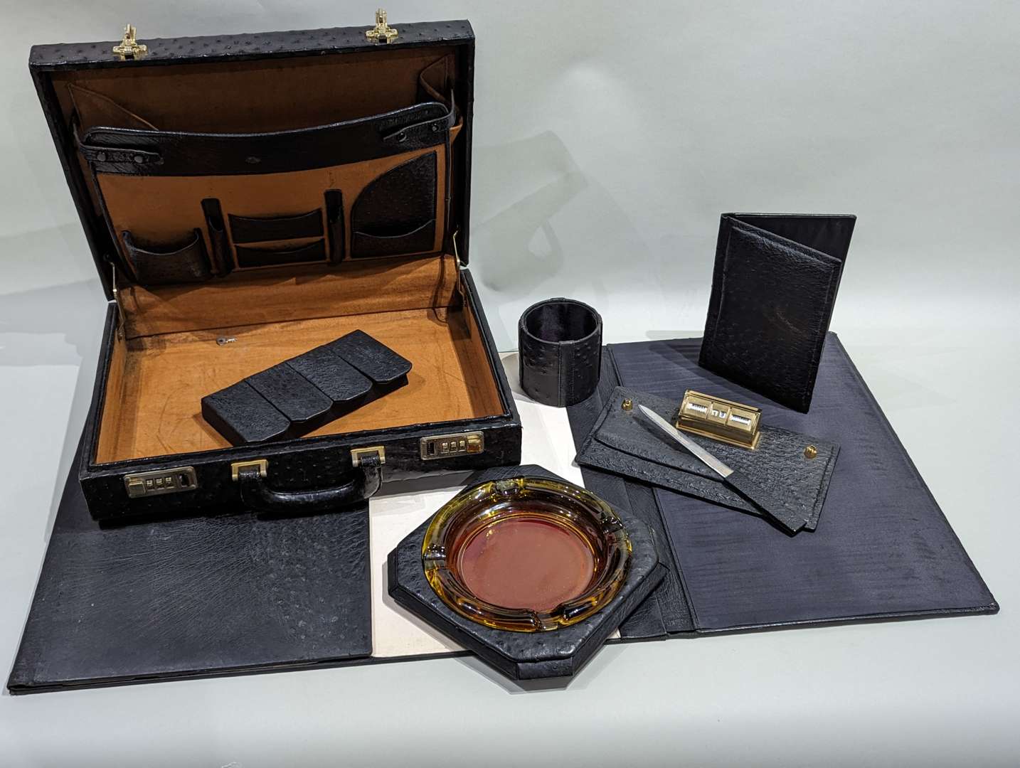 <p>Ostrich leather desk set circa 1970's&nbsp;</p>