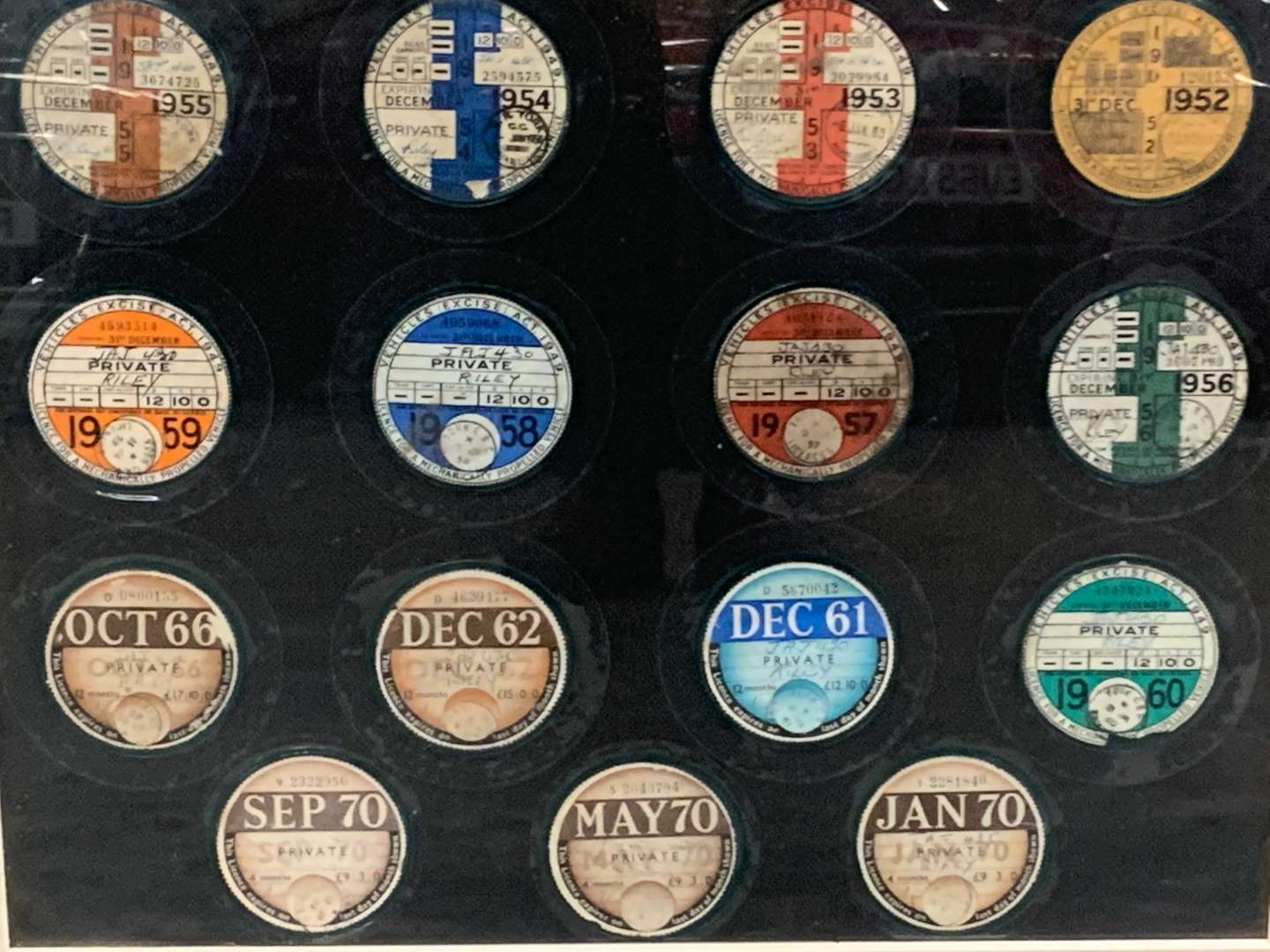 <p>Framed Riley Tax Discs&nbsp;</p>