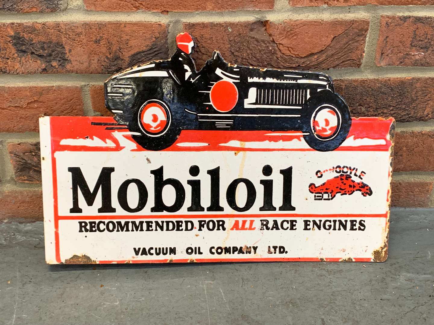 <p>Mobiloil “For All Race Engines” Flange Enamel Sign</p>