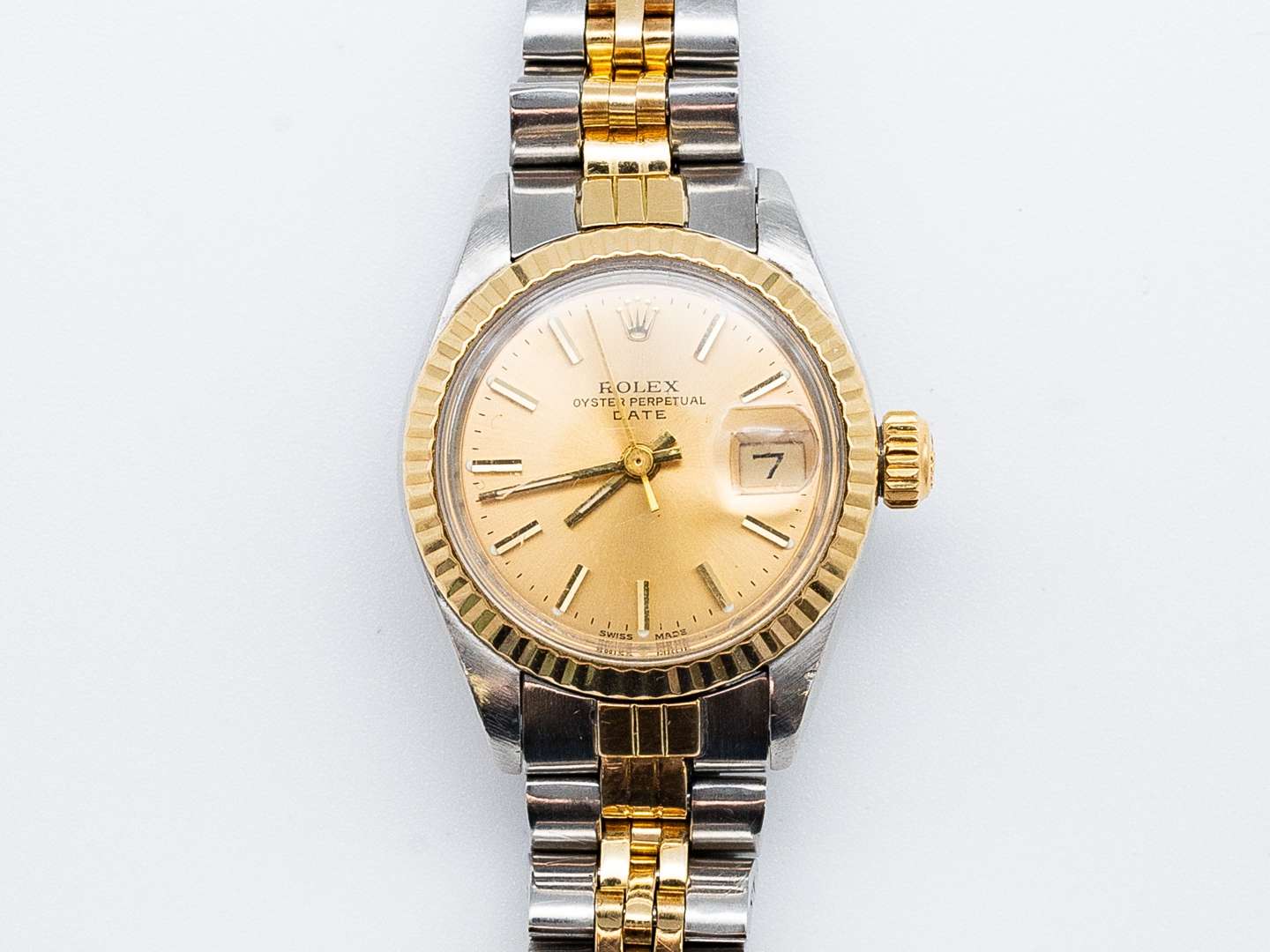 <p>ROLEX, Date, 6917, a late 20th century stainless steel and gold, calendar wristwatch.</p>