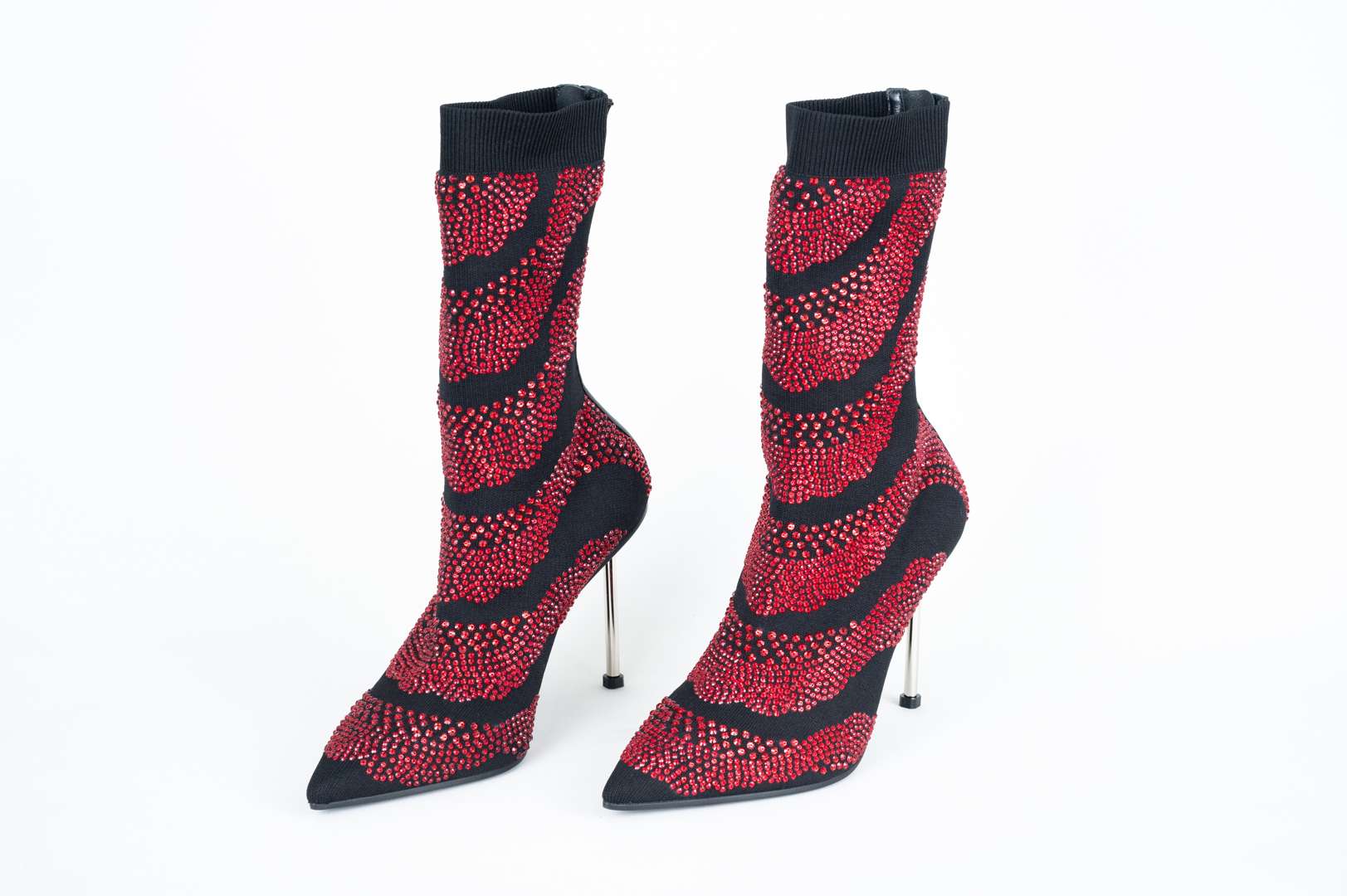 <p>ALEXANDER McQUEEN, a pair of hand sewn, red crystal, stiletto, sock boots</p>