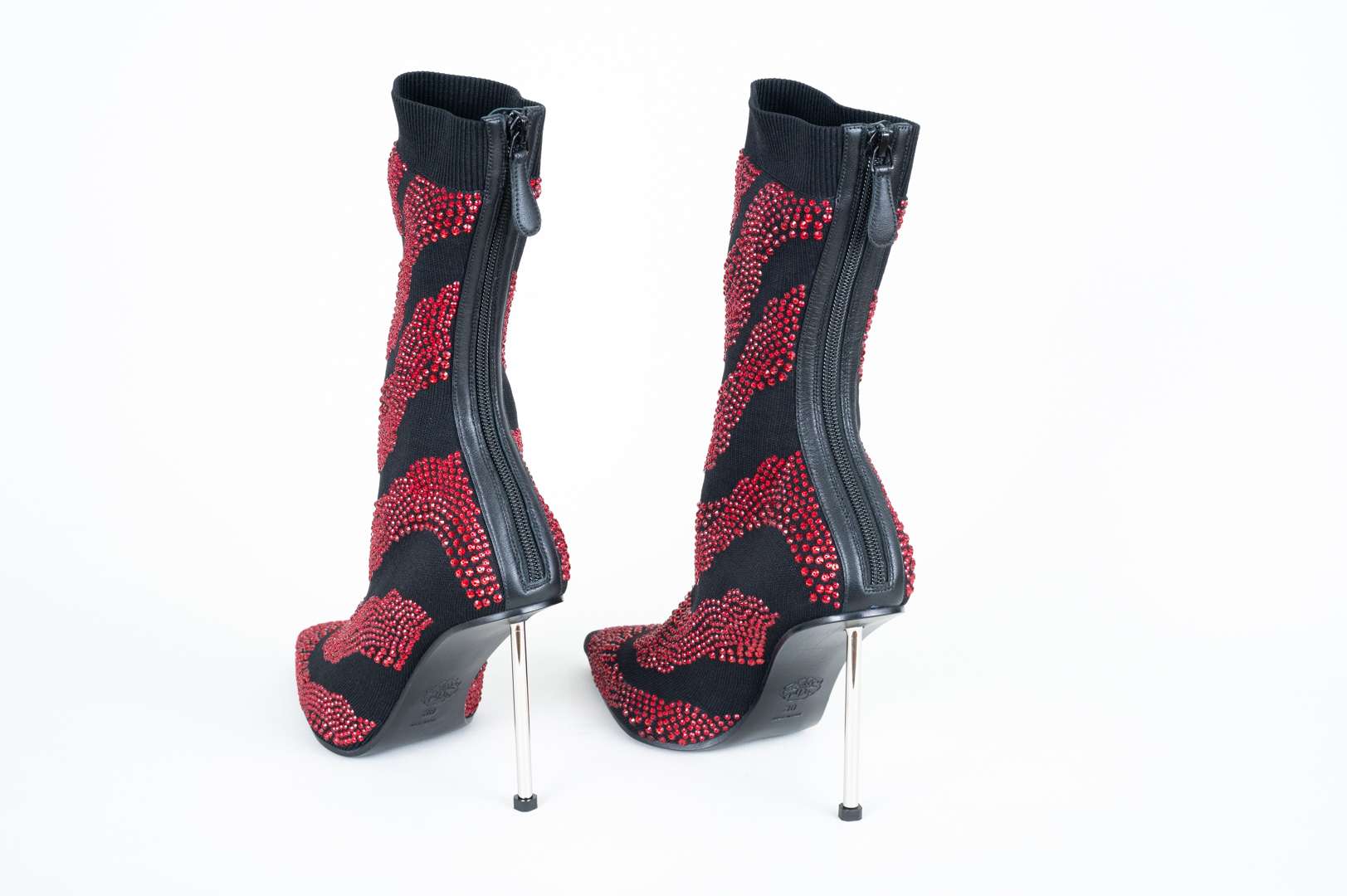 <p>ALEXANDER McQUEEN, a pair of hand sewn, red crystal, stiletto, sock boots</p>