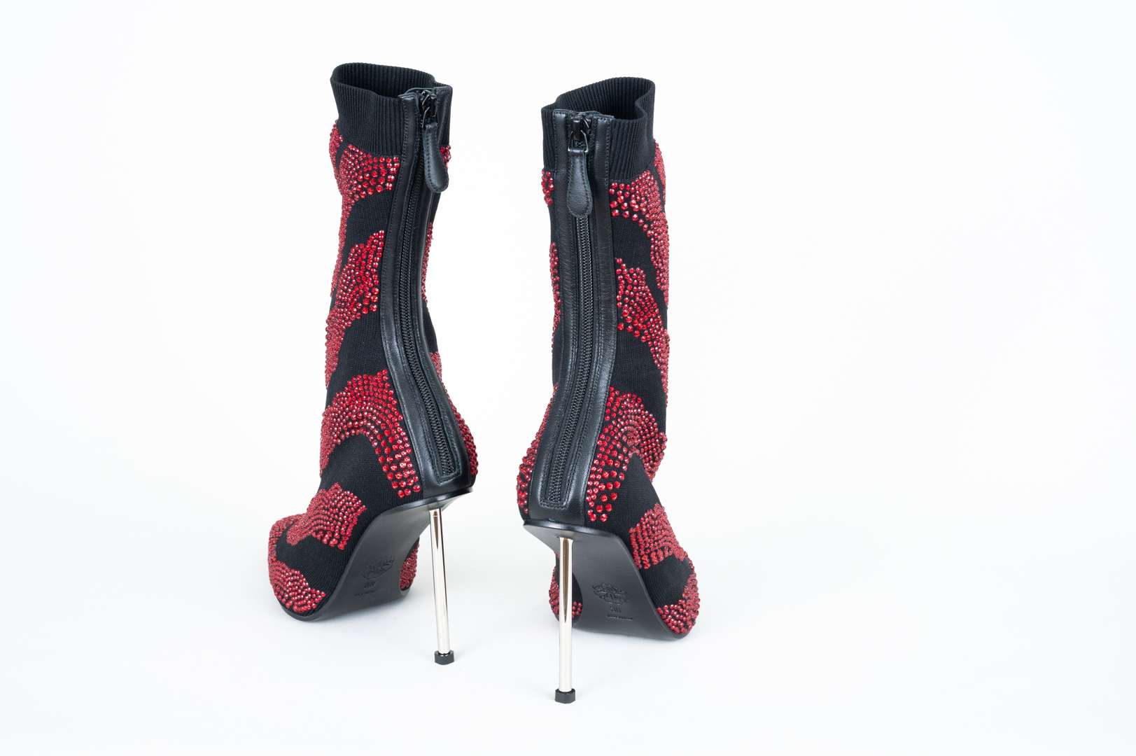 <p>ALEXANDER McQUEEN, a pair of hand sewn, red crystal, stiletto, sock boots</p>