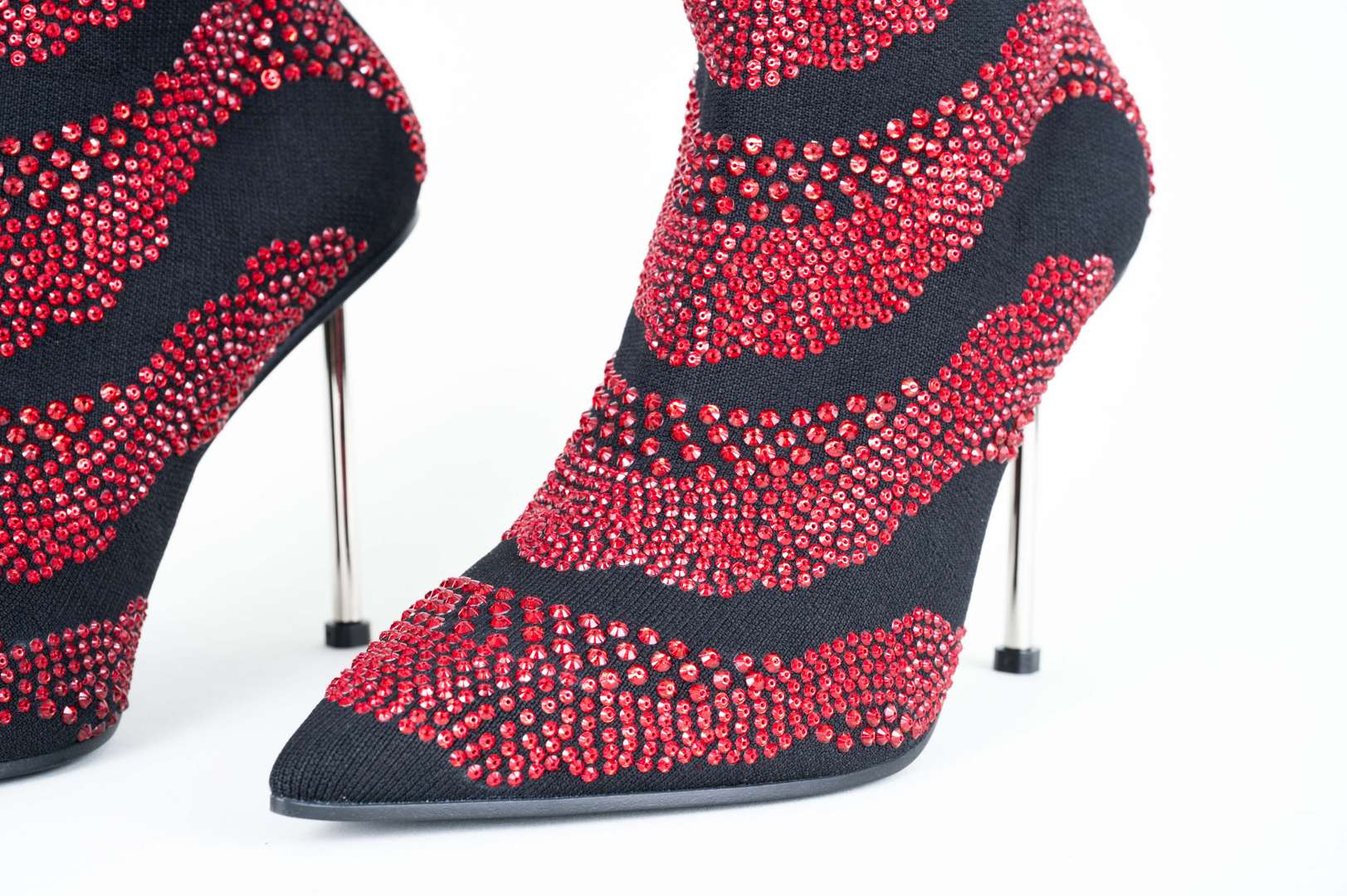 <p>ALEXANDER McQUEEN, a pair of hand sewn, red crystal, stiletto, sock boots</p>