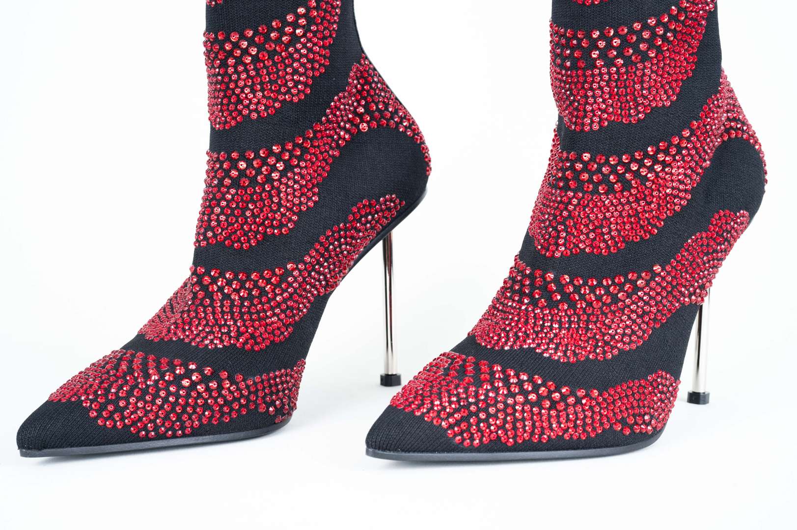 <p>ALEXANDER McQUEEN, a pair of hand sewn, red crystal, stiletto, sock boots</p>