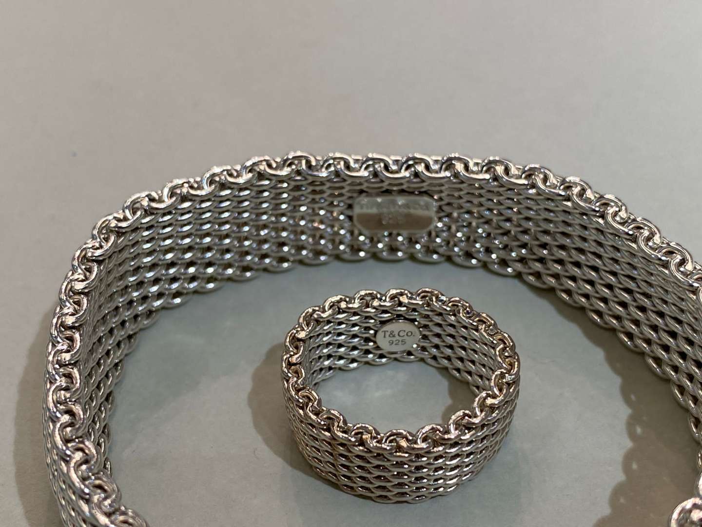 <p>TIFFANY & CO, sterling silver “Somerset” mesh bracelet & ring</p>