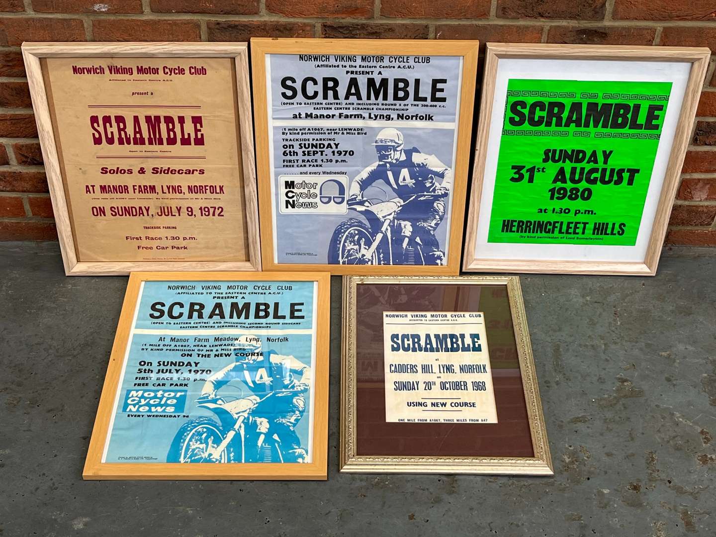 <p>Five Framed Norwich Vikings Scrambler Posters</p>