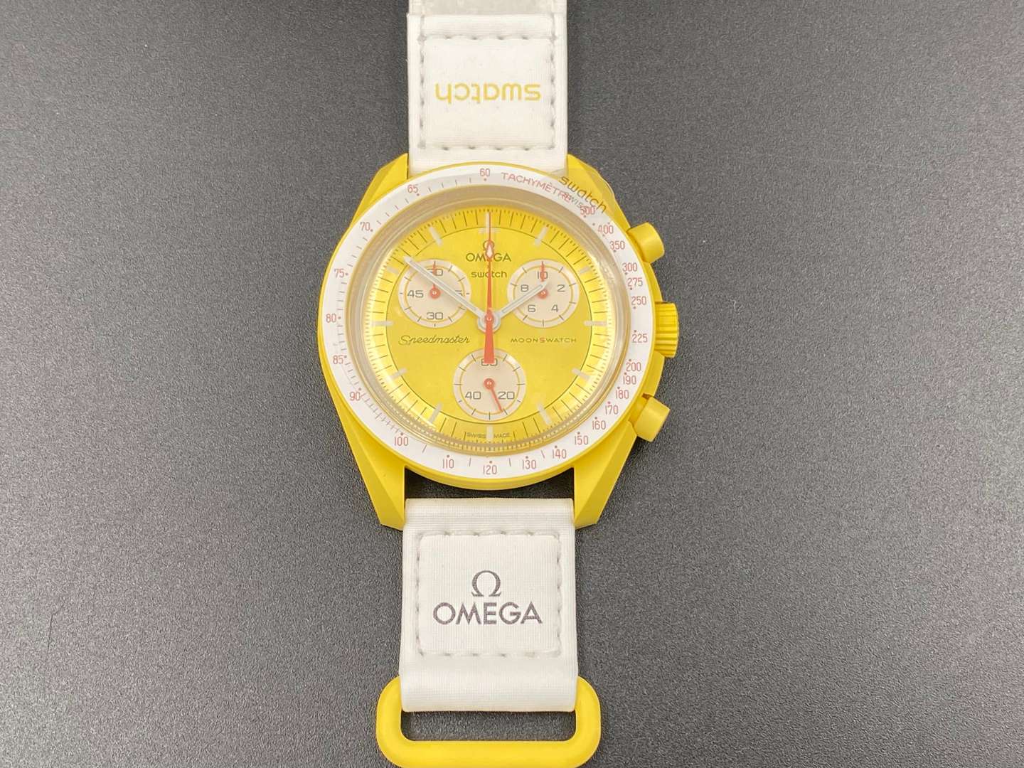 <p>SWATCH Moonswatch “Mission to the Sun” bioceramic two button quartz chronograph</p>