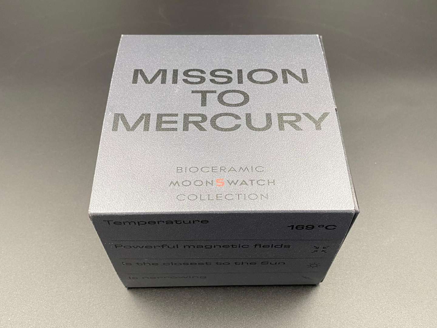 <p>SWATCH Moonswatch “Mission to Mercury” &nbsp;bioceramic two button quartz chronograph</p>