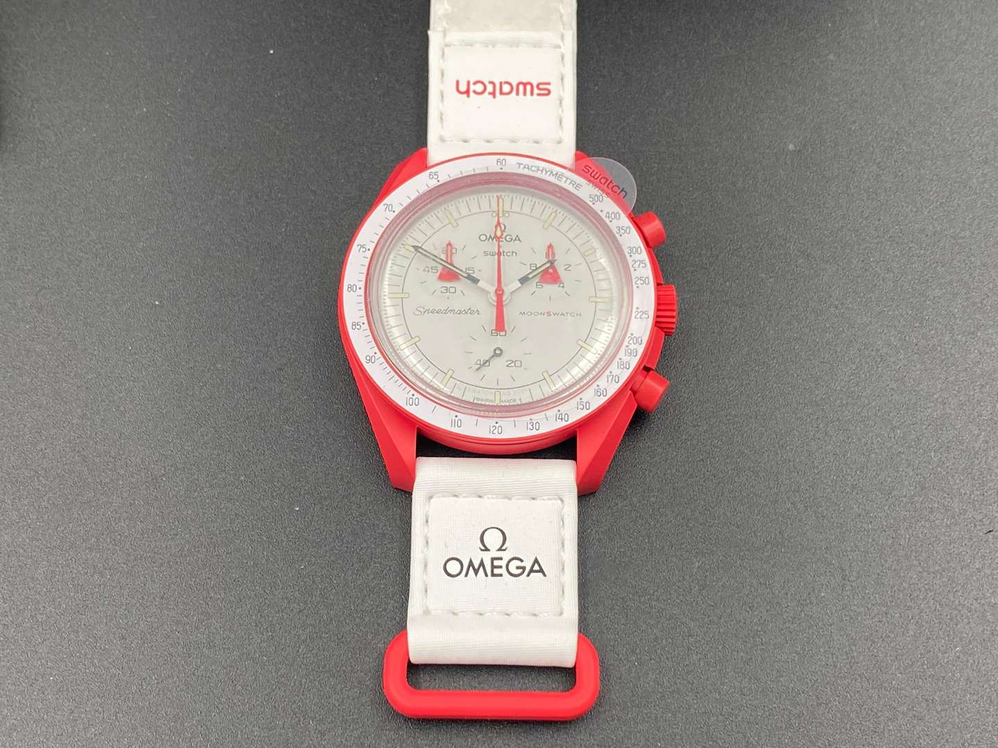 <p>SWATCH, Moonswatch, “Mission to Mars”, &nbsp;bioceramic, two button quartz chronograph watch,</p>