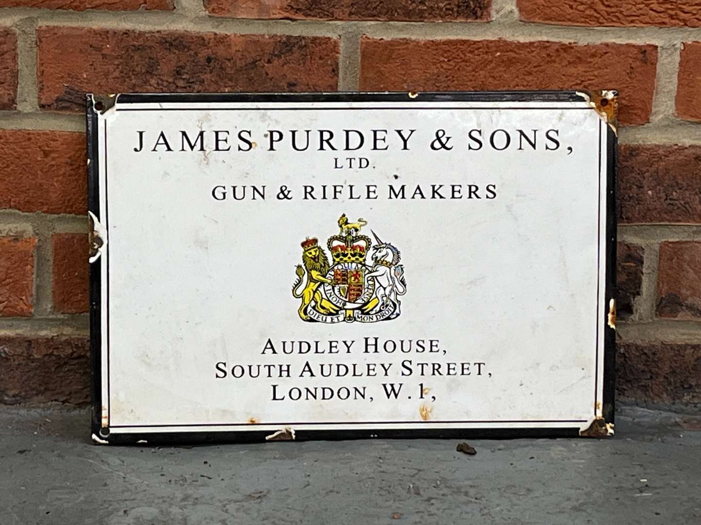 <p>James Purdey and Sons Gun and Rifle Makers Enamel Sign</p>