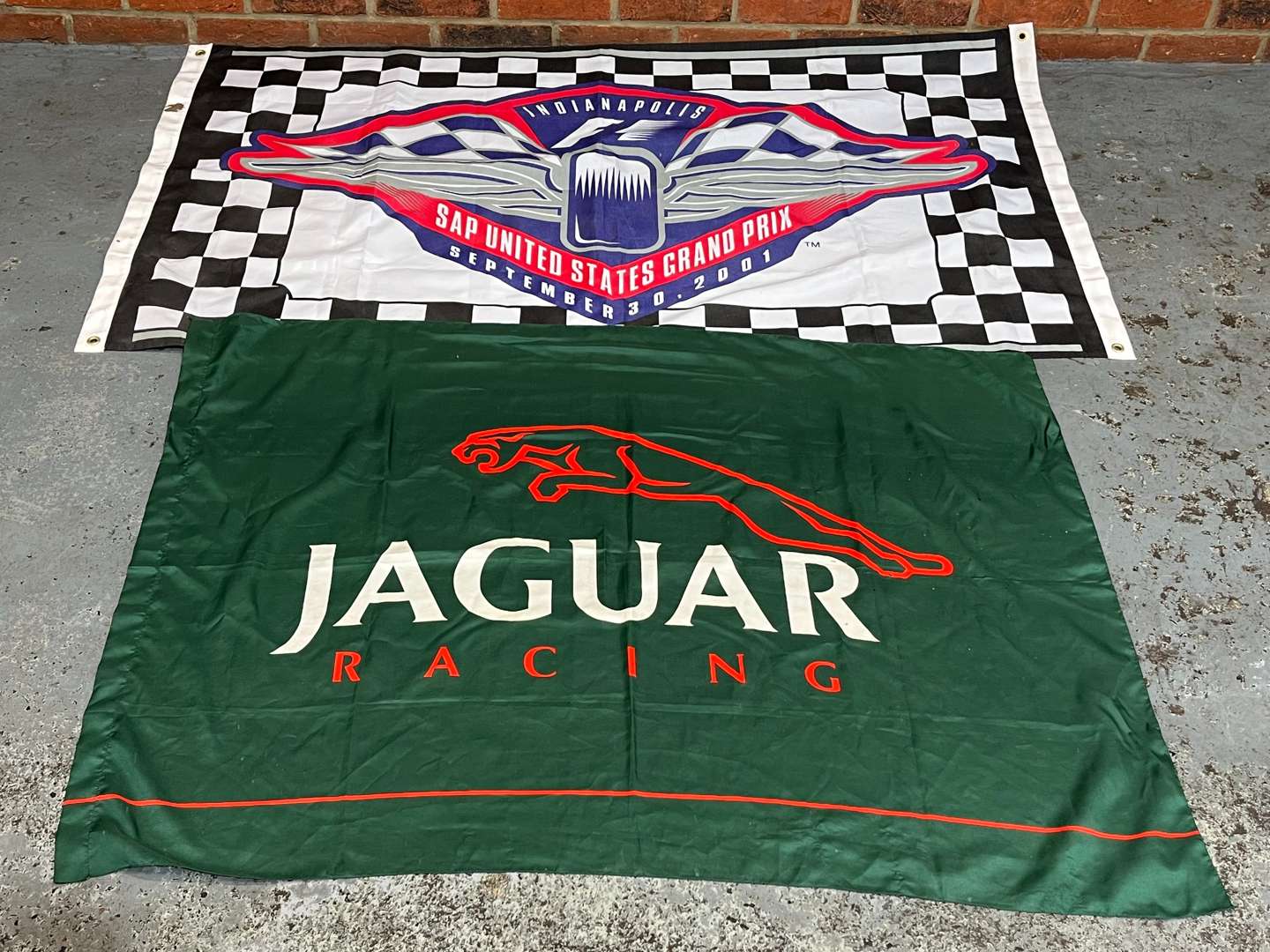 <p>Indianapolis F1 and Jaguar Flags (2)</p>